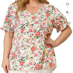 Agnes Orinda Floral V Neck Short Sleeve Blouse. NWT